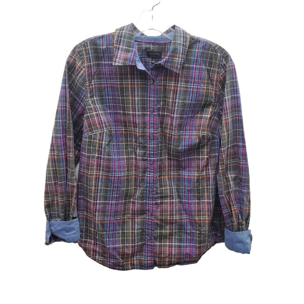 Talbots Plaid Button Down Chambray Cuff Size 10 -… - image 1